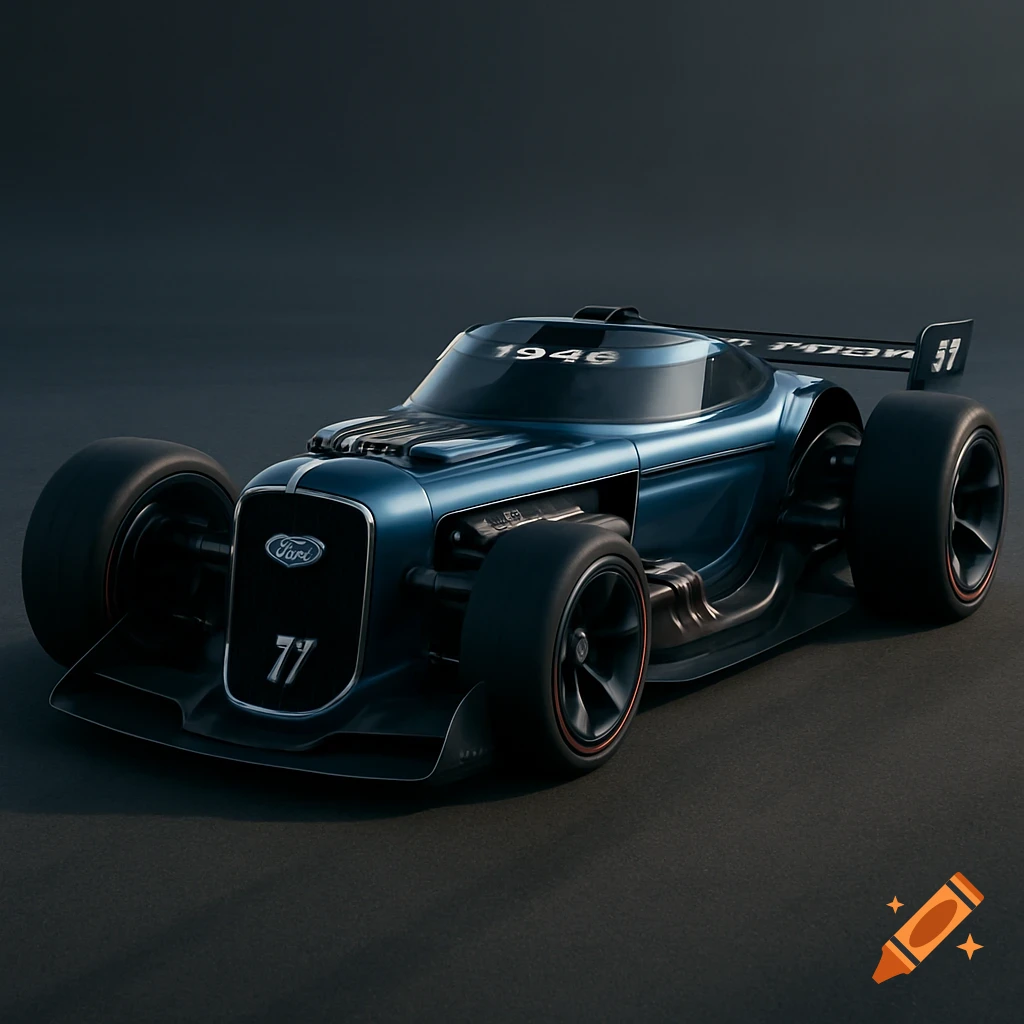 A futuristic blue Ford hot rod concept car with large open wheels and a sleek, aerodynamic design.