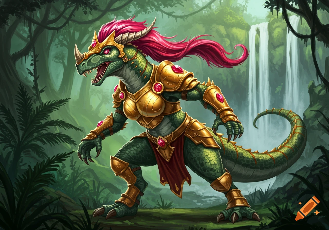 A majestic green reptilian creature in golden armor with pink hair stands in a lush jungle with a waterfall.