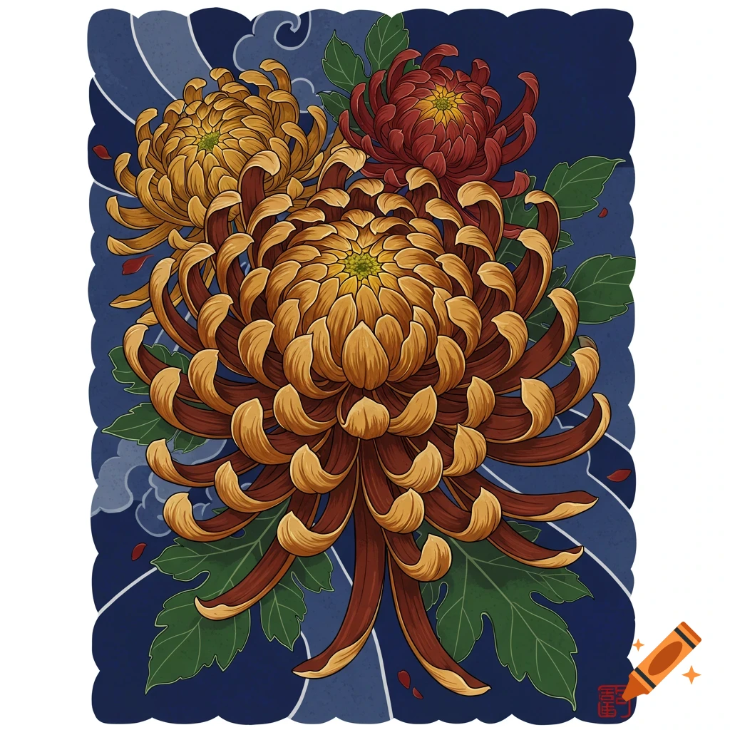 A colorful illustration of three chrysanthemums in a traditional Japanese tattoo style on a dark blue background with wave patterns.