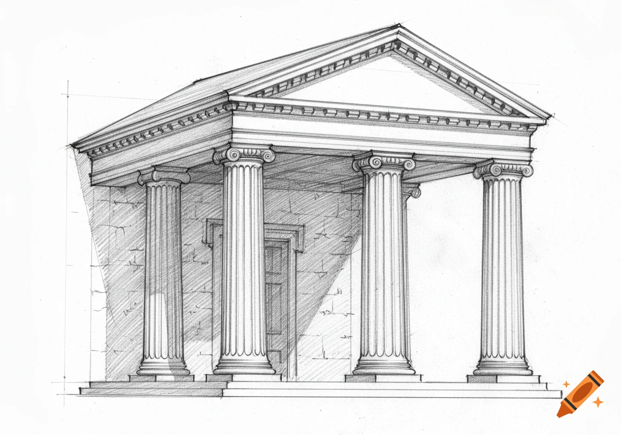 A detailed pencil drawing of a classical Greek temple facade with four Ionic columns supporting a pediment and pitched roof.