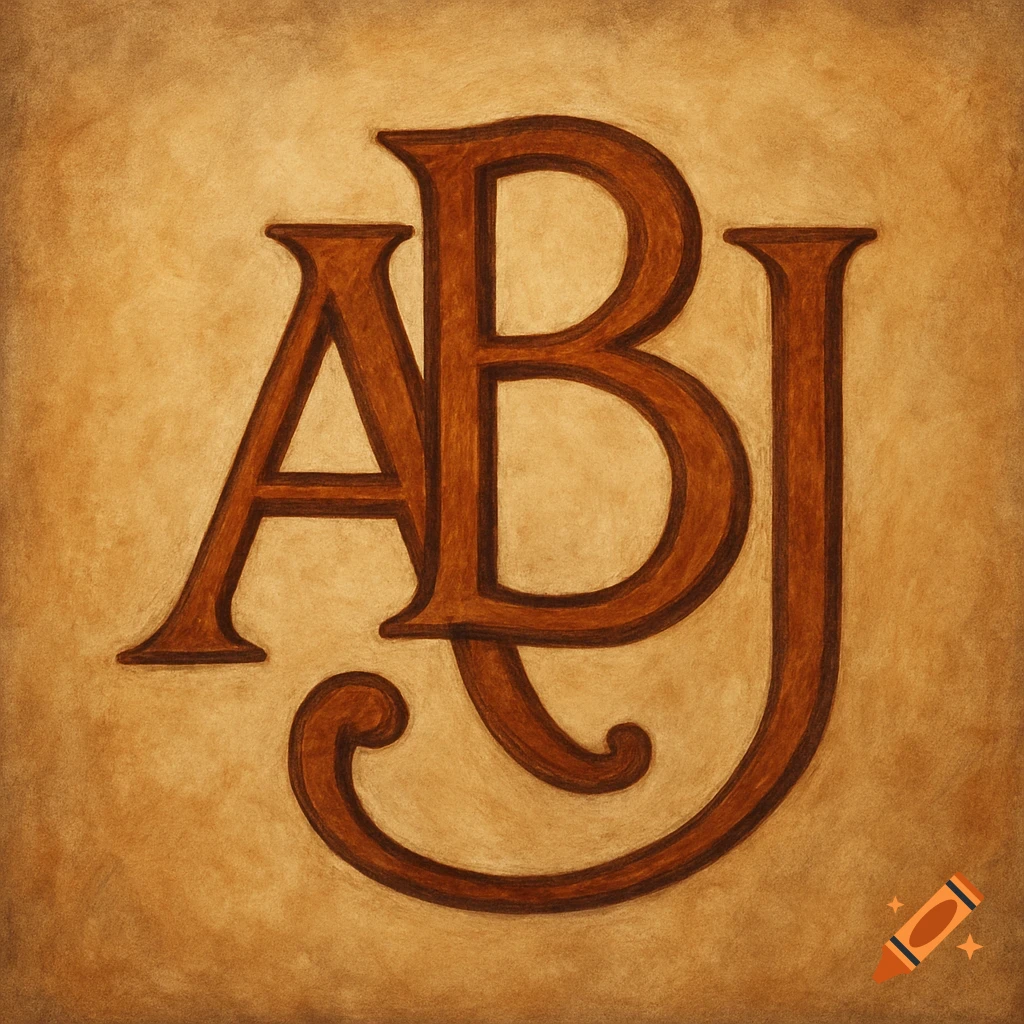 A brown, stylized monogram of the letters A, B, and J intertwined on a textured tan background.