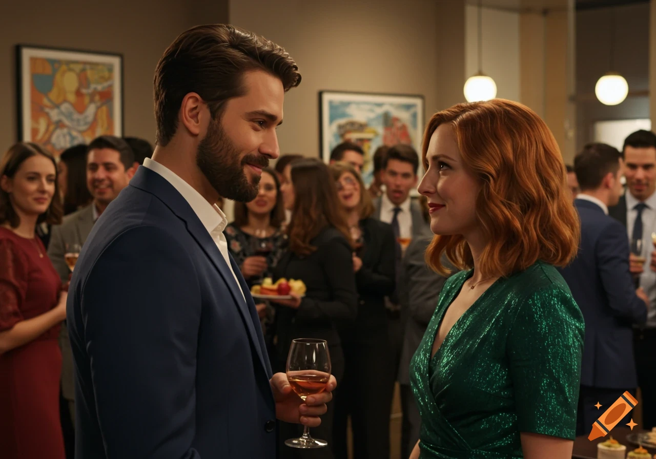 A man and woman in formal attire gaze at each other at a lively work party, surrounded by other guests.