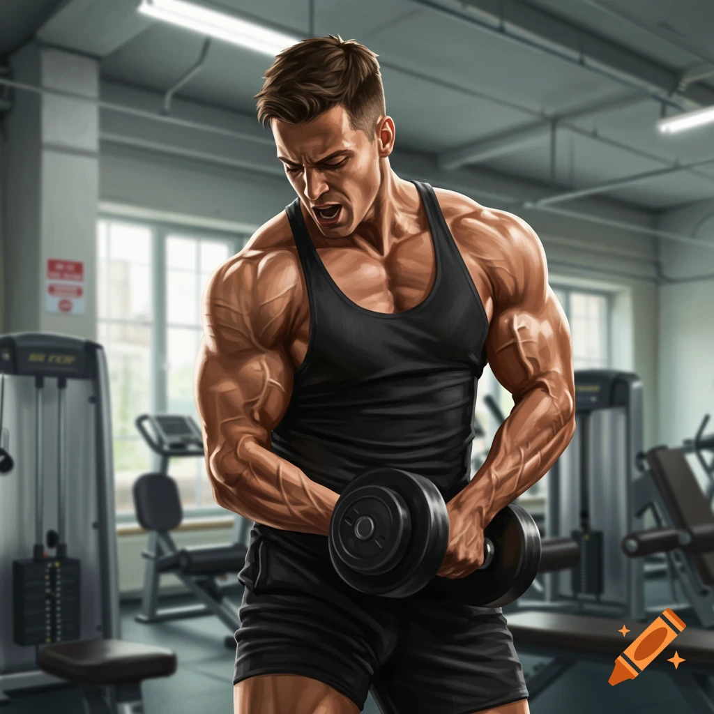 A muscular man in a black tank top and shorts grunts while lifting a dumbbell in a brightly lit gym.