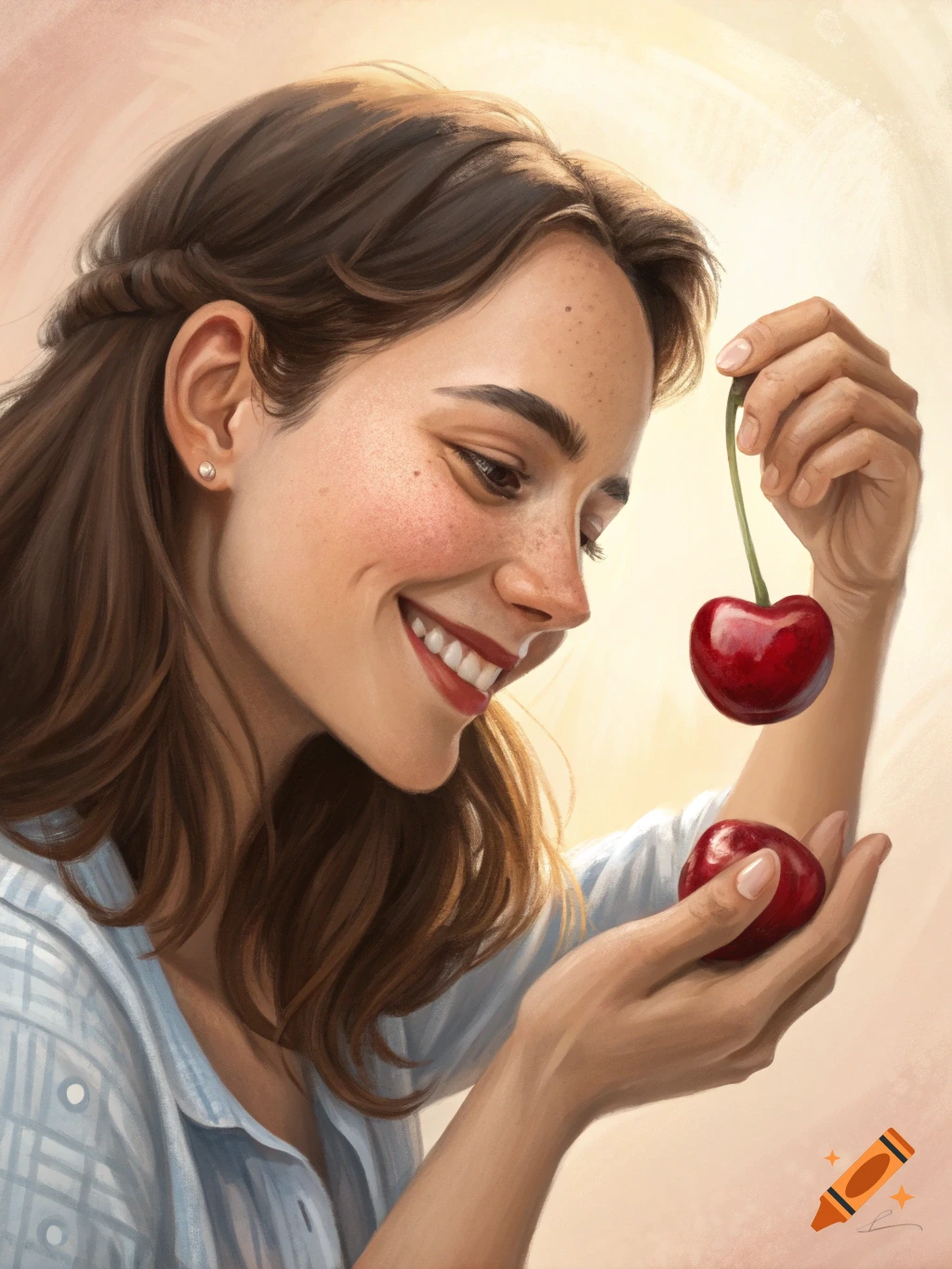 A smiling woman with brown hair holds two bright red cherries in a painterly style.