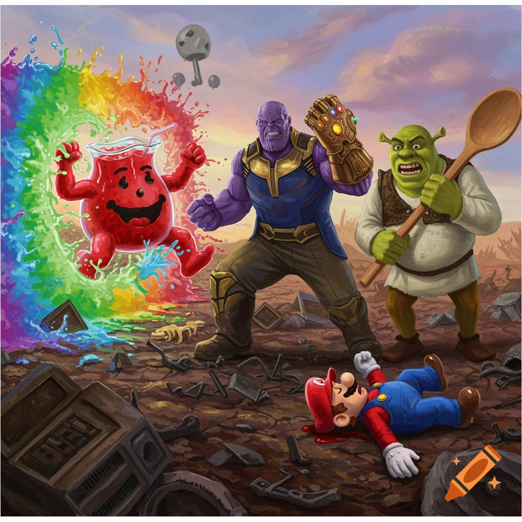 A colorful illustration depicting Kool-Aid Man bursting forth with a rainbow splash, confronting Thanos with the Infinity Gauntlet and Shrek holding a wooden spoon, while Mario lies defeated on a desolate, debris-strewn ground.
