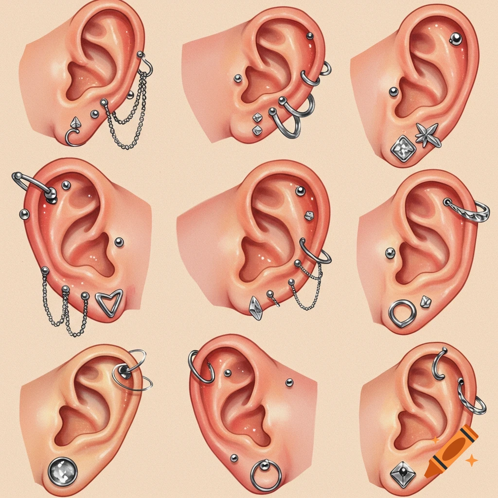 A grid of nine detailed illustrations showcasing various ear piercing styles and jewelry on human ears.