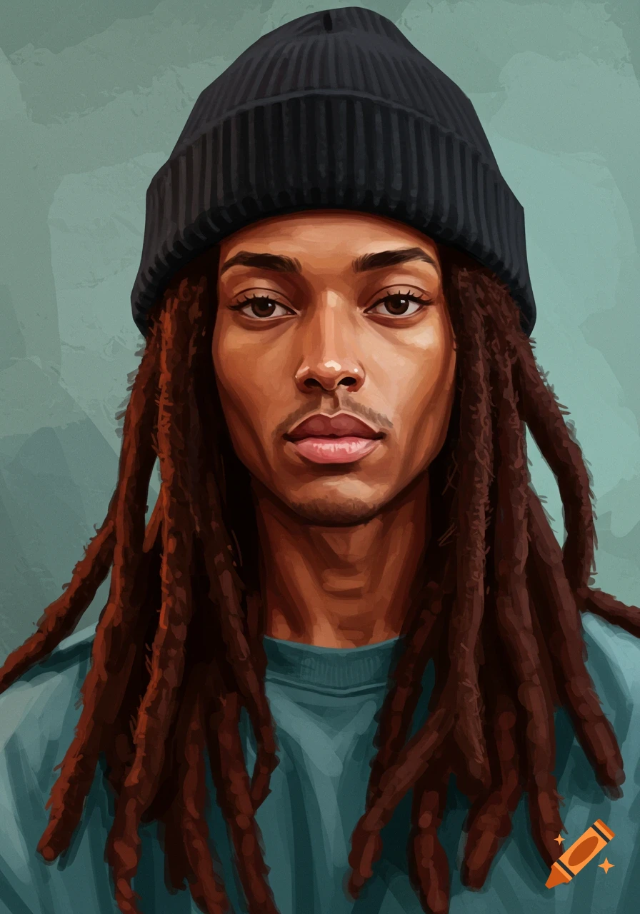 A digitally painted portrait of a man with dark skin, long dreadlocks, and a black beanie, wearing a light blue sweater.