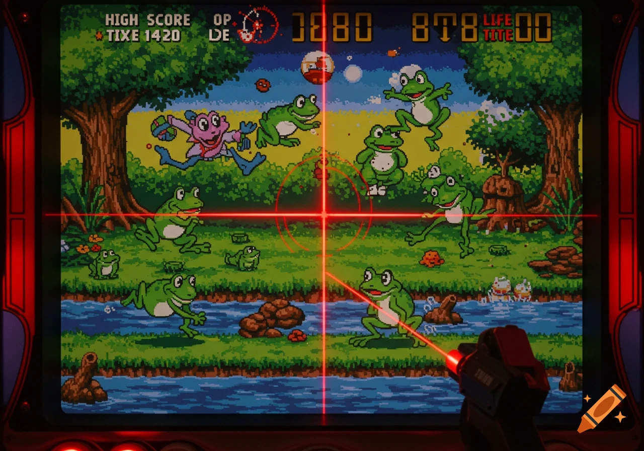 A vibrant pixel art screen from a light gun arcade game, showing green frogs in a forest setting with a red laser sight on them, and a hand holding a light gun in the foreground.