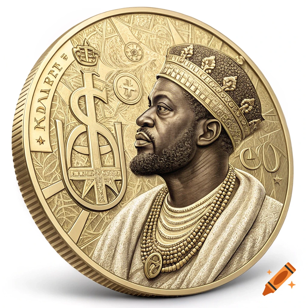 A highly detailed gold coin featuring a portrait of a regal man in profile, wearing a crown and elaborate necklace, against an ornate background.