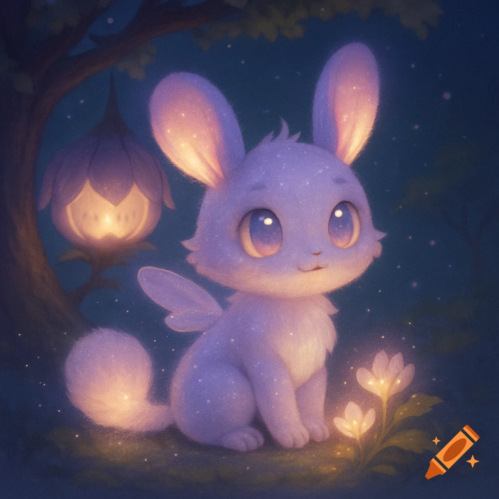 A glowing, pastel lavender fantasy creature with big eyes and small wings sits on moss near glowing flowers in a dark, magical forest.