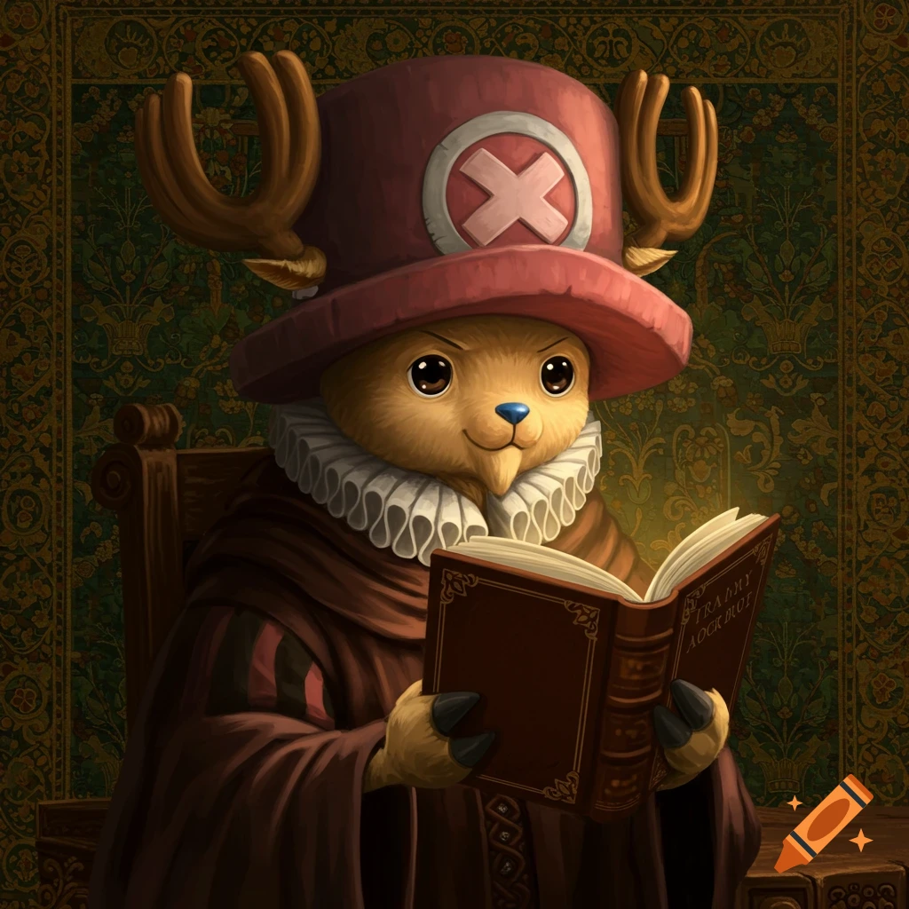 Tony Tony Chopper in a pink hat and ruffled collar sits in a chair reading a book, in a detailed Renaissance painting style.
