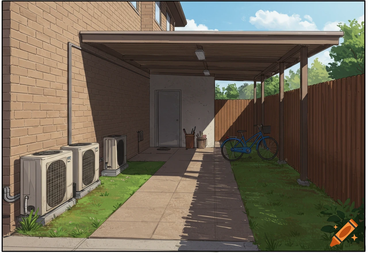 An illustrated view of a covered outdoor area with a blue bike, AC units, and a wooden fence next to a brick house.
