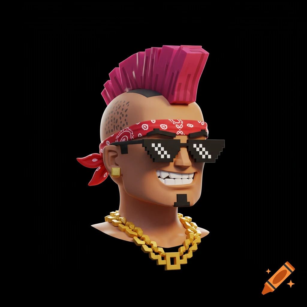 A 3D rendered character head featuring a pink mohawk, red bandana, pixelated sunglasses, and a gold pixelated chain.