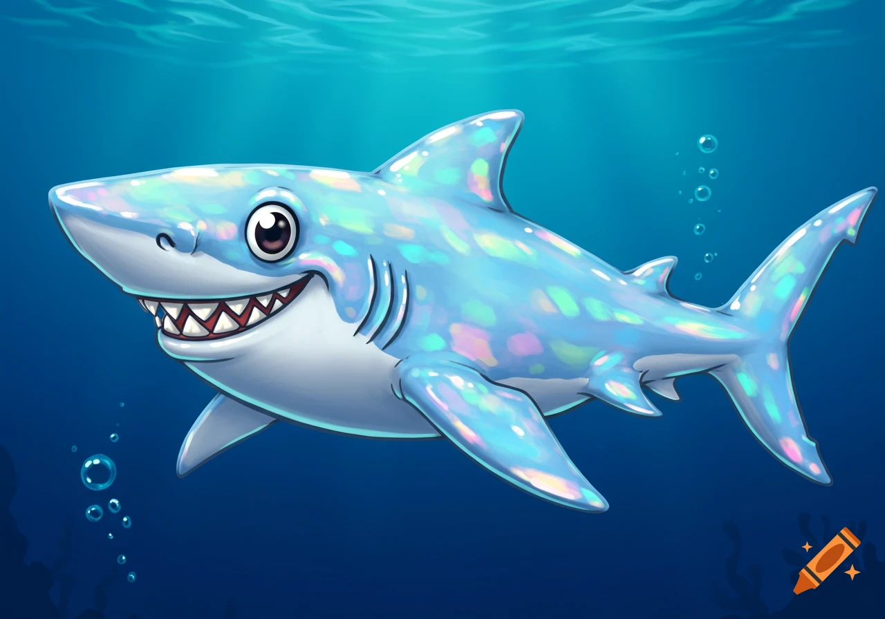 A friendly cartoon shark with iridescent opal skin swims in blue water with bubbles.