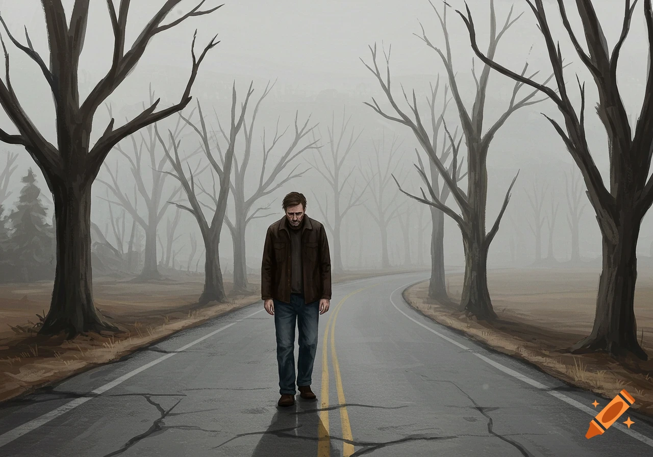 A lonely man walks down a foggy road lined with bare trees, rendered in a digital painting style.