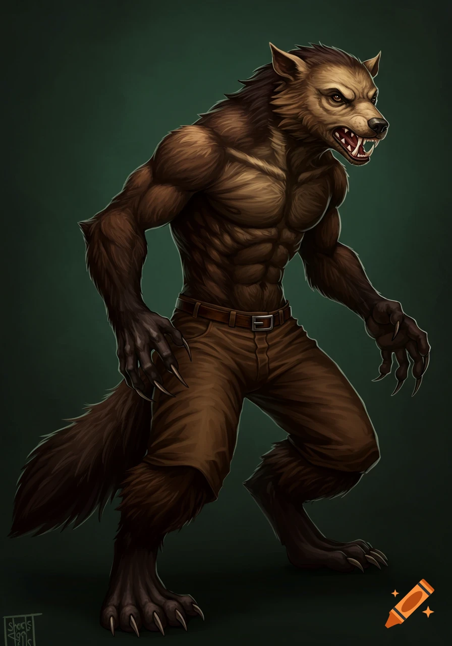 A muscular, brown anthropomorphic wolverine-boar hybrid creature with sharp claws and fangs stands on two legs, wearing brown pants.
