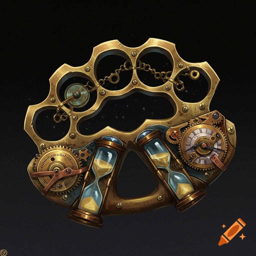 Steampunk brass knuckles featuring integrated hourglasses and intricate clockwork gears on a dark background.