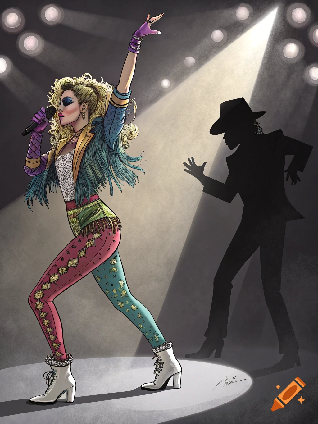 An illustration of a Lady Gaga-like performer in a colorful outfit singing on stage, with a silhouette of Michael Jackson in the spotlight.
