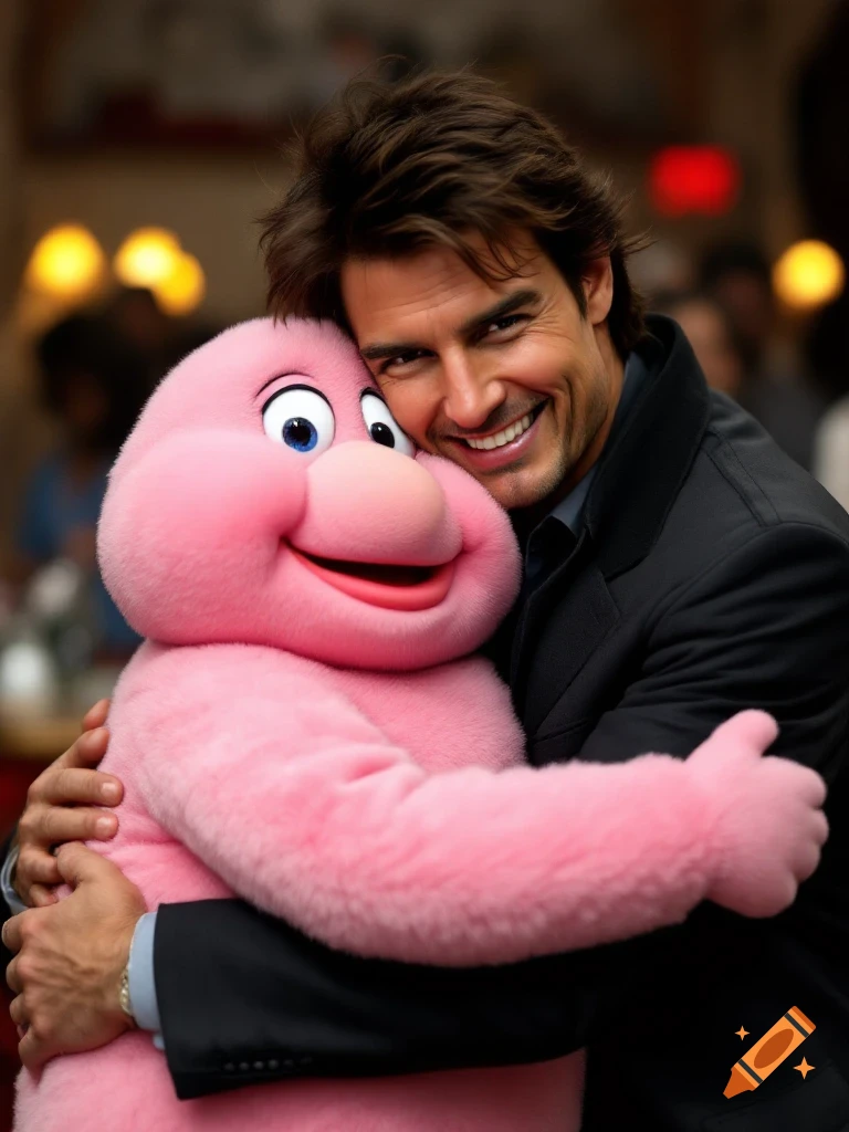 Tom Cruise smiles while hugging Mr. Blobby, a large pink creature, in a photorealistic style.