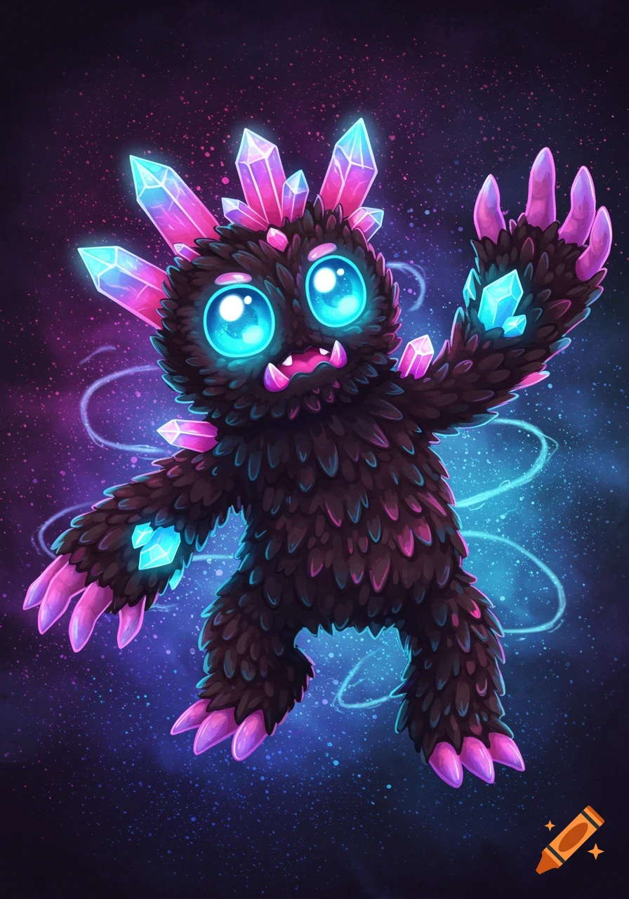 A cute, fluffy, dark monster with glowing blue eyes, pink claws, and pink and blue crystals on its body, against a starry cosmic background.