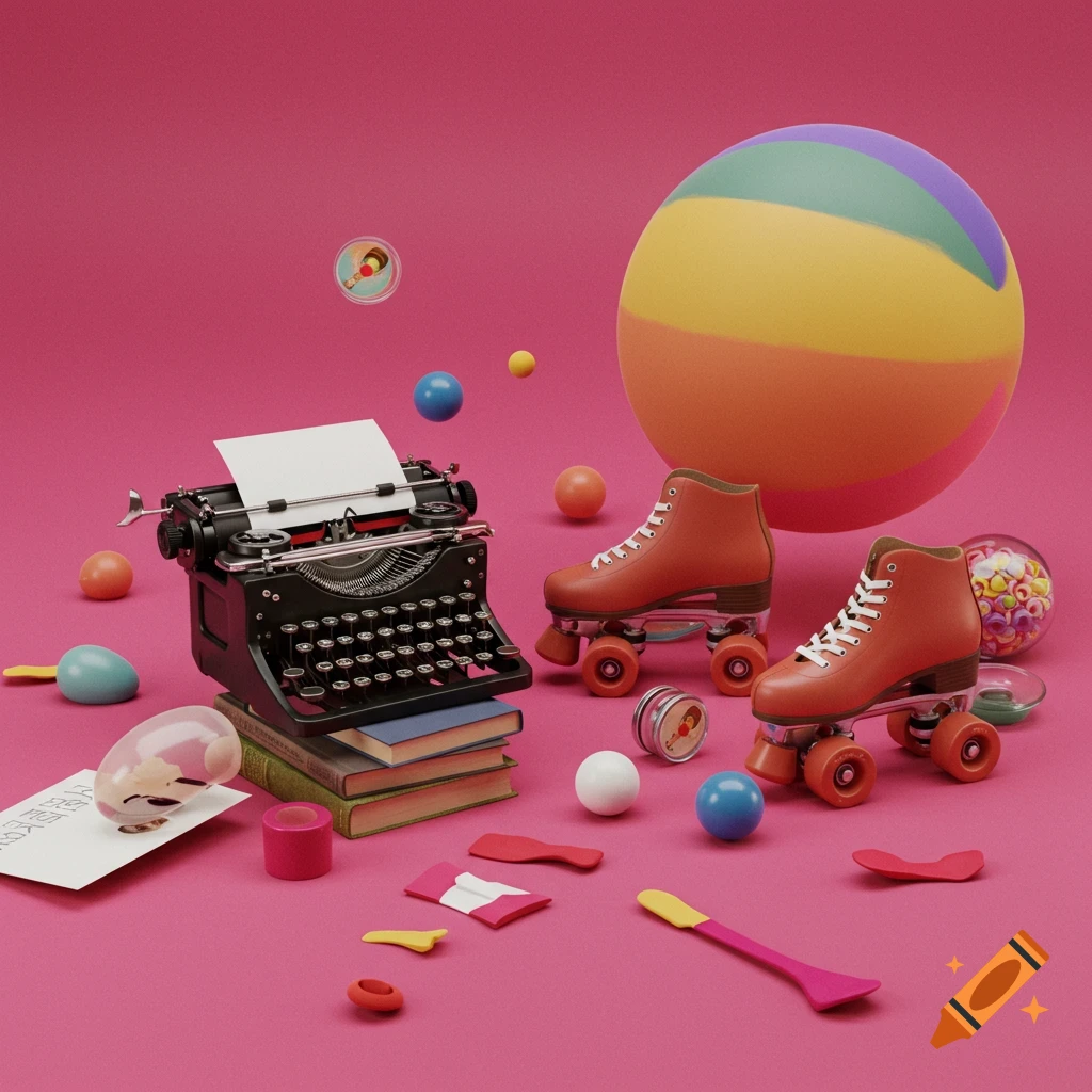 Still life of a black typewriter, brown roller skates, a large rainbow ball, and various colorful toys on a pink background.