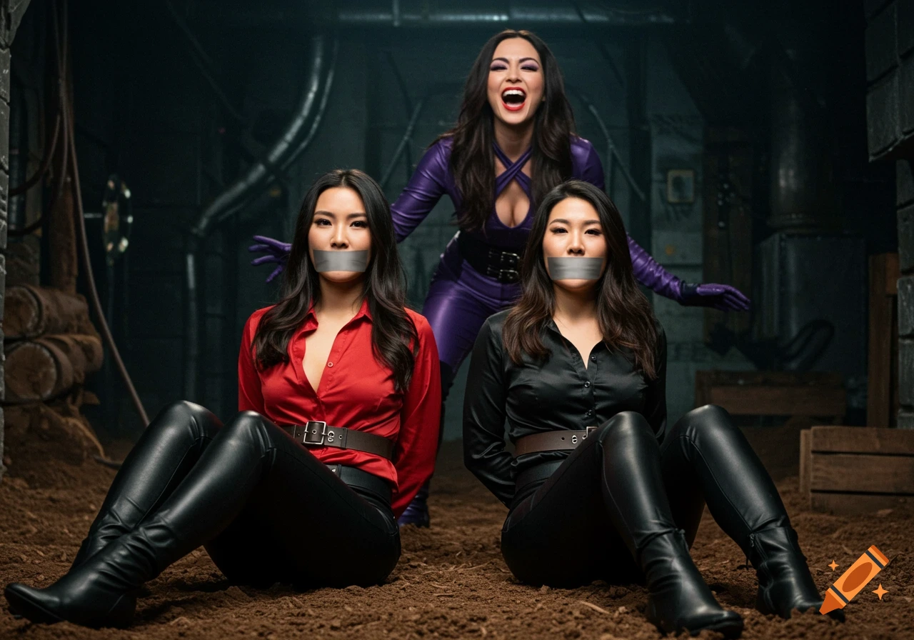 Two women with their mouths taped sit bound on the ground in a villain's lair, as a woman in a purple outfit laughs above them.