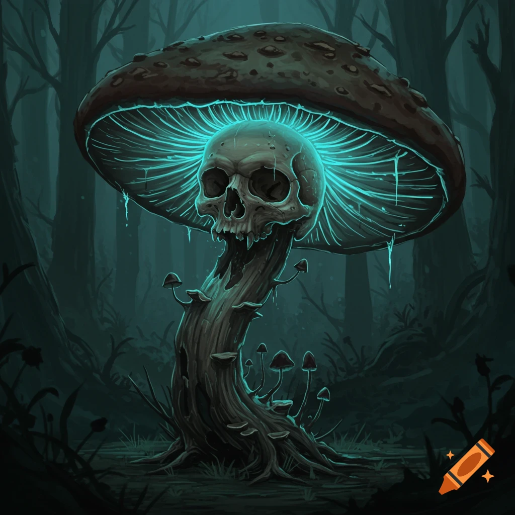 A dark fantasy illustration of a large mushroom with a glowing skull as its cap, surrounded by smaller mushrooms in a shadowy forest.