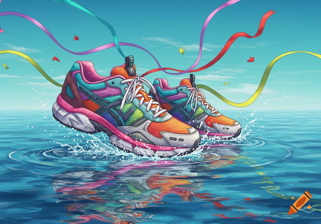 Two colorful running shoes splash in water as vibrant ribbons float above them against a blue sky in an illustration.