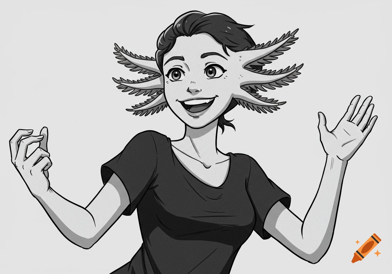 A monochrome cartoon illustration of a smiling woman with axolotl gills and spots on her face, with both hands raised.