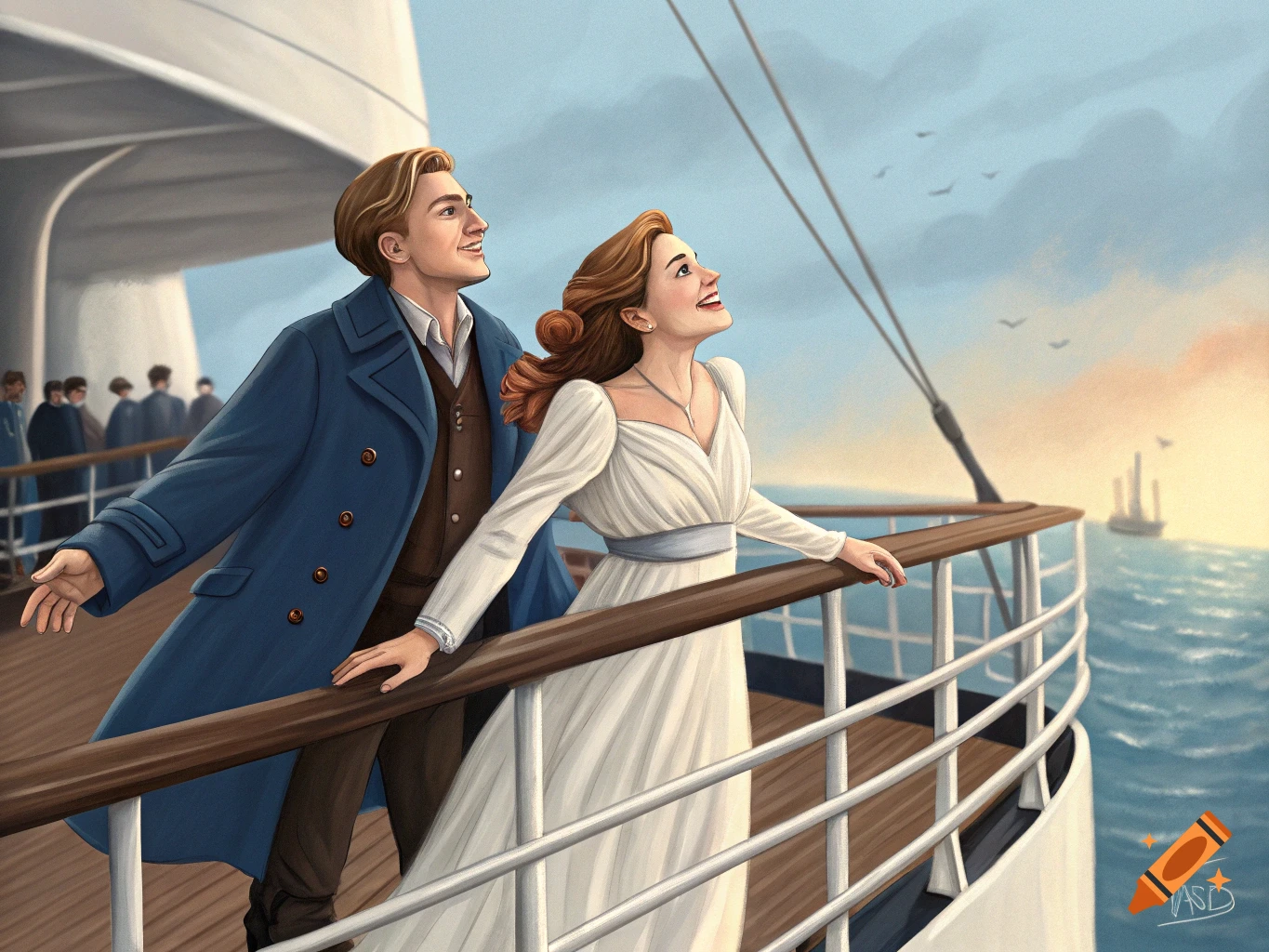 An illustration of a man and a woman in period clothing standing on a ship's deck, looking up at the sky.