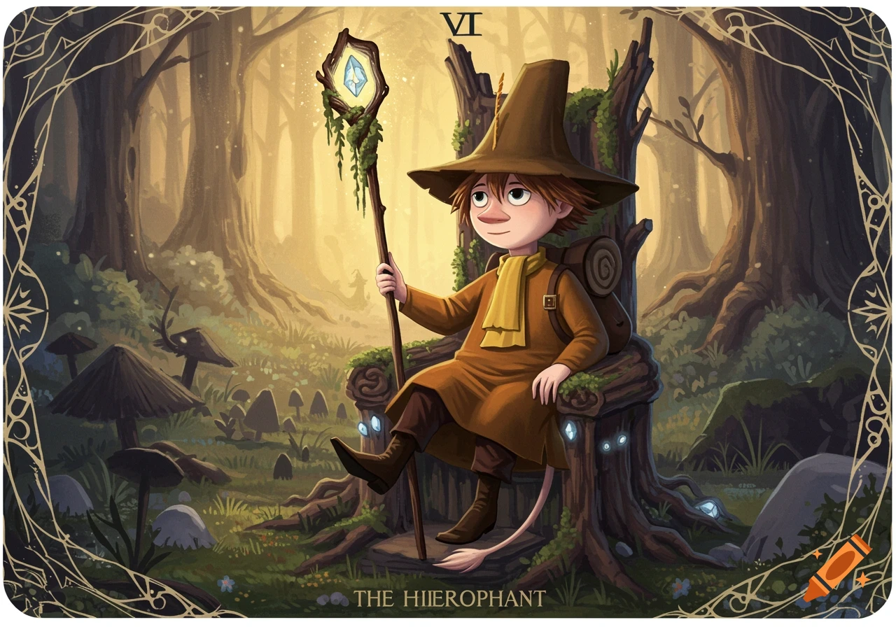 Snufkin from Moomin sitting on a mossy tree stump throne in a forest, holding a glowing staff, depicted as a tarot card.