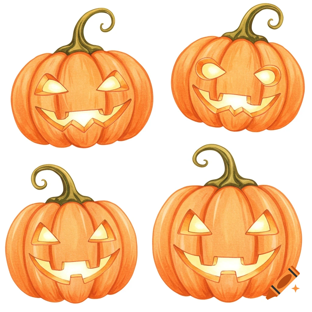 Four whimsical watercolor jack-o'-lanterns with glowing faces on a white background.