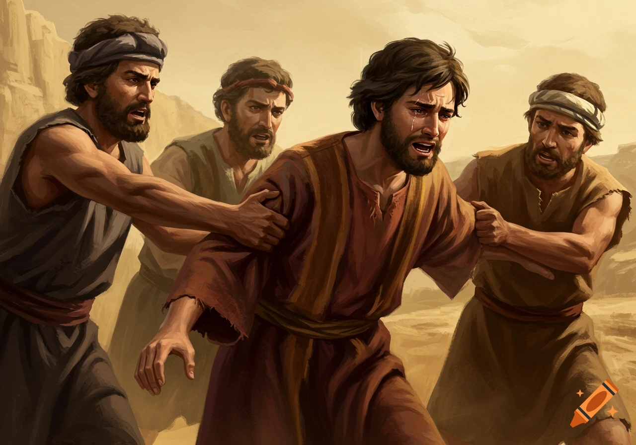 Four bearded men in ancient robes in a desert, three restrain a crying man. Biblical art style.