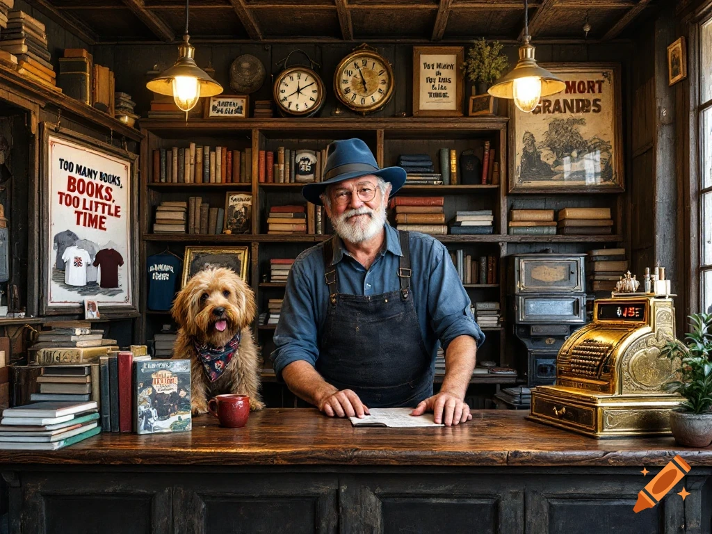 A cheerful old man with a white beard and blue hat stands behind the counter of a cluttered vintage bookstore with his shaggy dog. Photorealistic.
