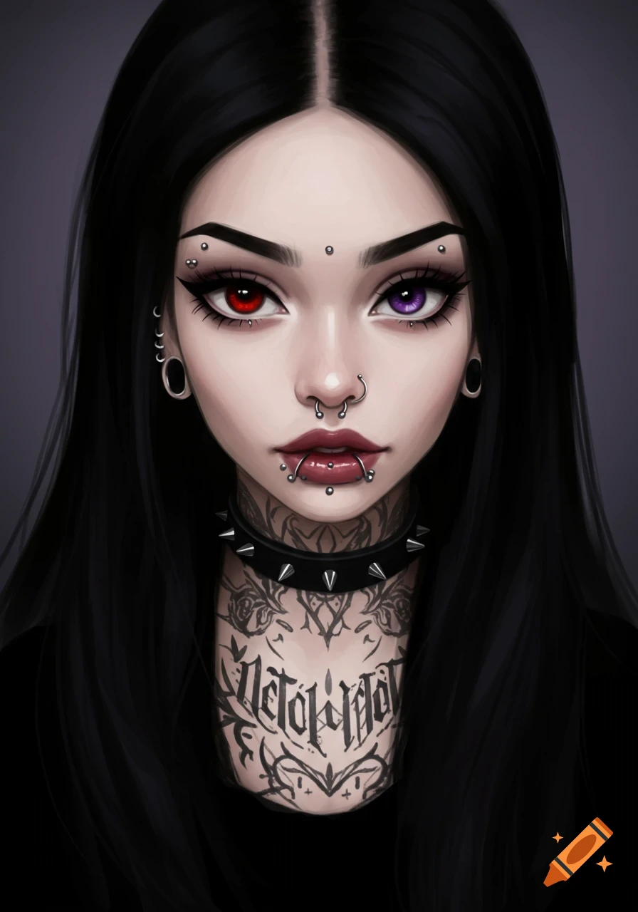 A stylized portrait of a woman with long black hair, one red eye and one purple eye, many facial piercings, a studded choker, and a large neck tattoo.