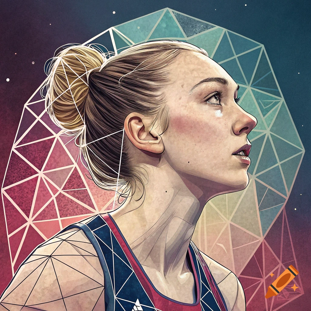 A stylized portrait of a female athlete with blonde hair in a bun, wearing a blue and red top. She looks upwards against a vibrant background of overlapping geometric shapes.