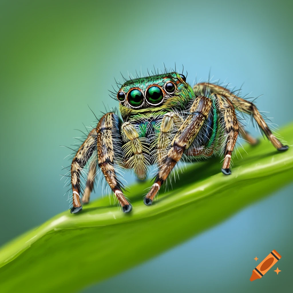 A detailed, photorealistic close-up of a colorful green, brown, and blue jumping spider with large green eyes on a vibrant green leaf.