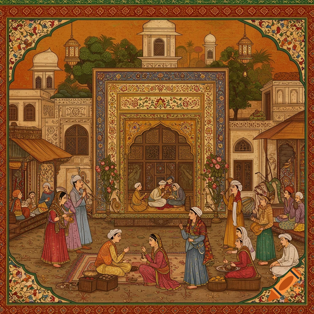 Vibrant traditional Pakistani miniature painting of a bustling courtyard scene with people in historical attire and ornate architecture.