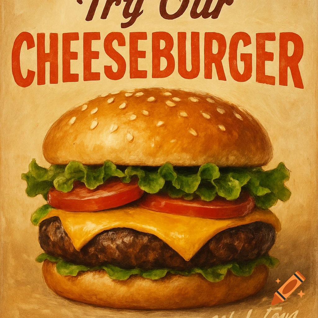 A vintage-style illustration of an appetizing cheeseburger with lettuce, tomato, and cheese, with text that reads "Try Our CHEESEBURGER."