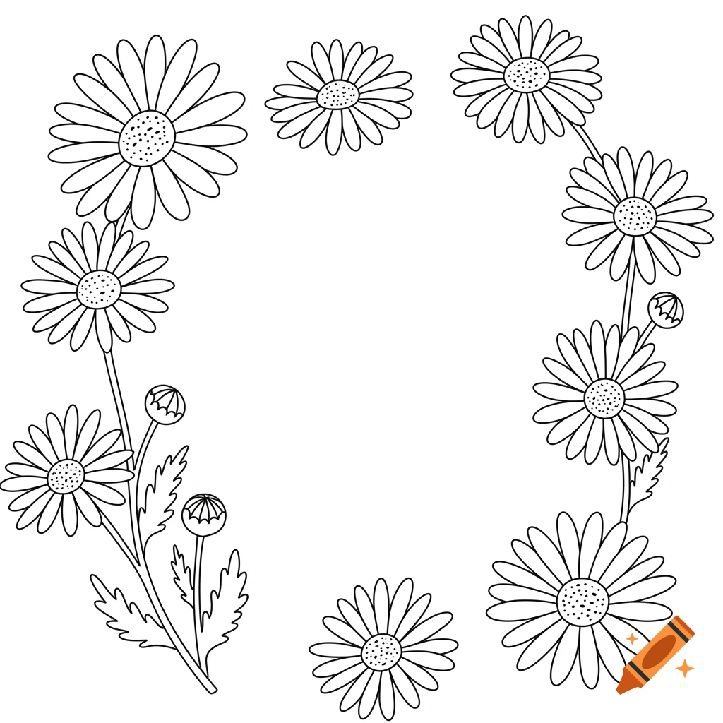 Black and white line art of daisies and buds arranged in a partial wreath, for a children's coloring book.