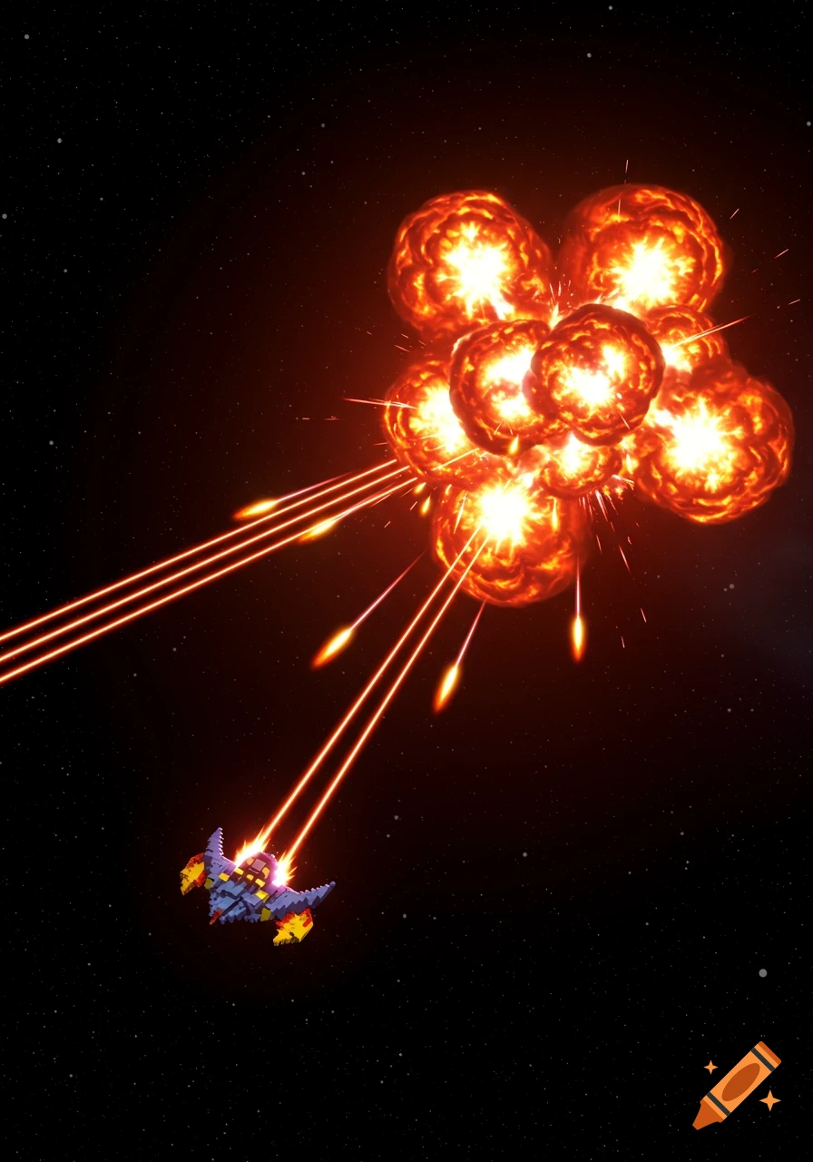 A pixel art spaceship fires lasers at a large explosion in deep space.