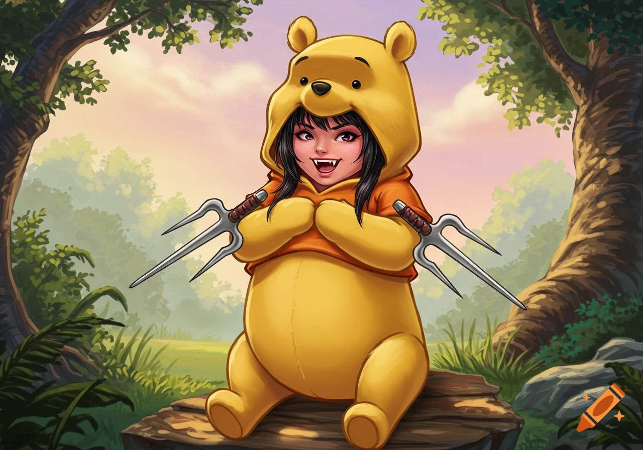 Cartoon illustration of a character with fangs in a Winnie the Pooh costume, holding two sai weapons, sitting on a log in a forest.