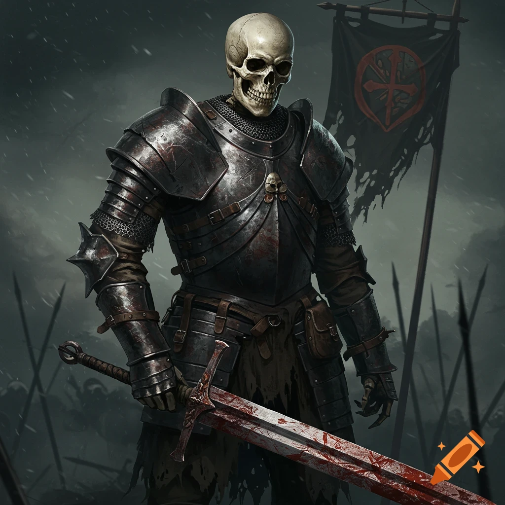 A skeletal knight in dark, worn armor holds a bloodied sword, standing on a desolate, snowy battlefield beneath a tattered banner.