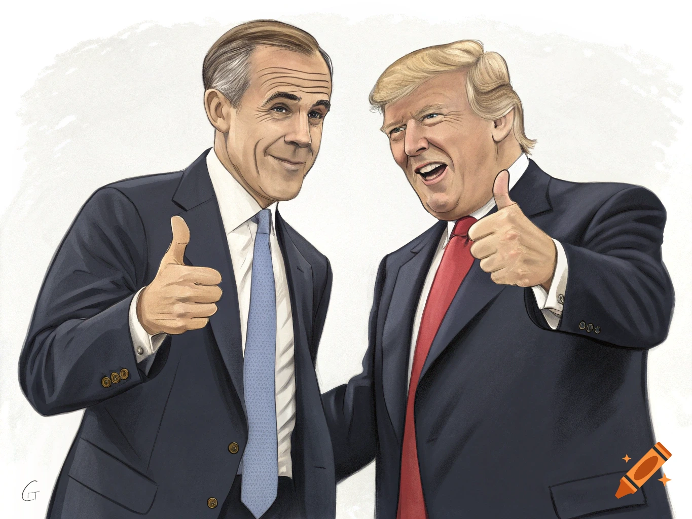 Caricature illustration of Mark Carney and Donald Trump smiling and giving thumbs up against a white background.