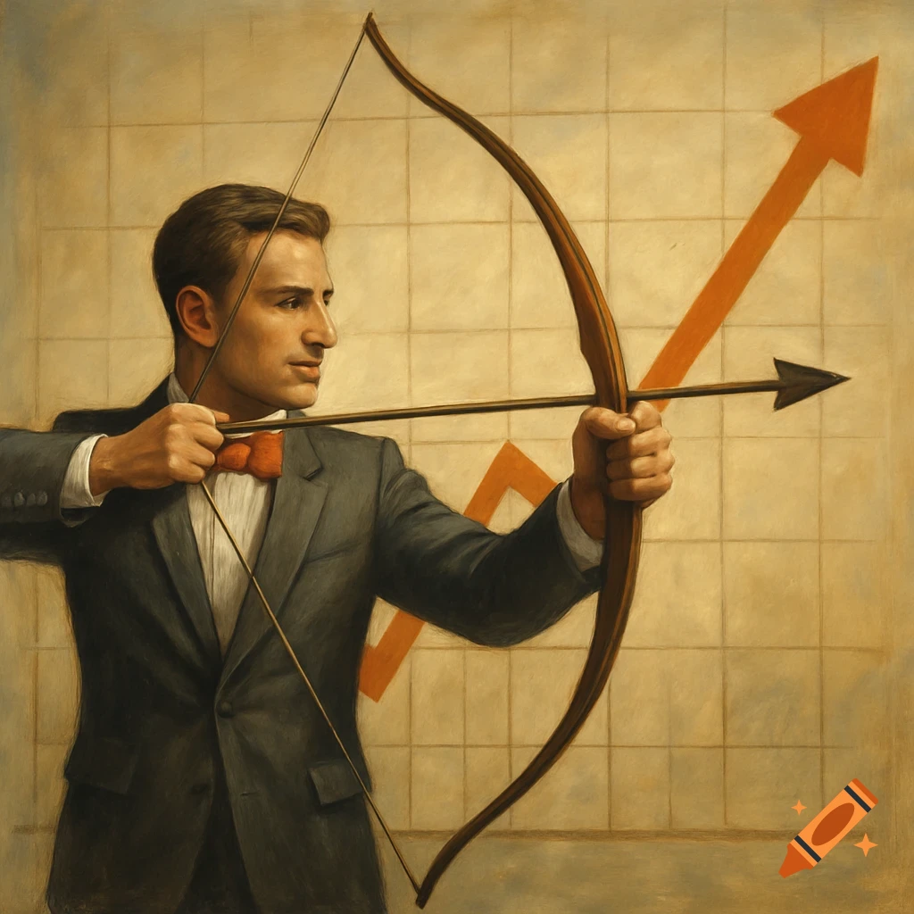 A man in a suit with a bow tie aims a bow and arrow at an orange upward growth arrow on a graph background, in a painterly style.