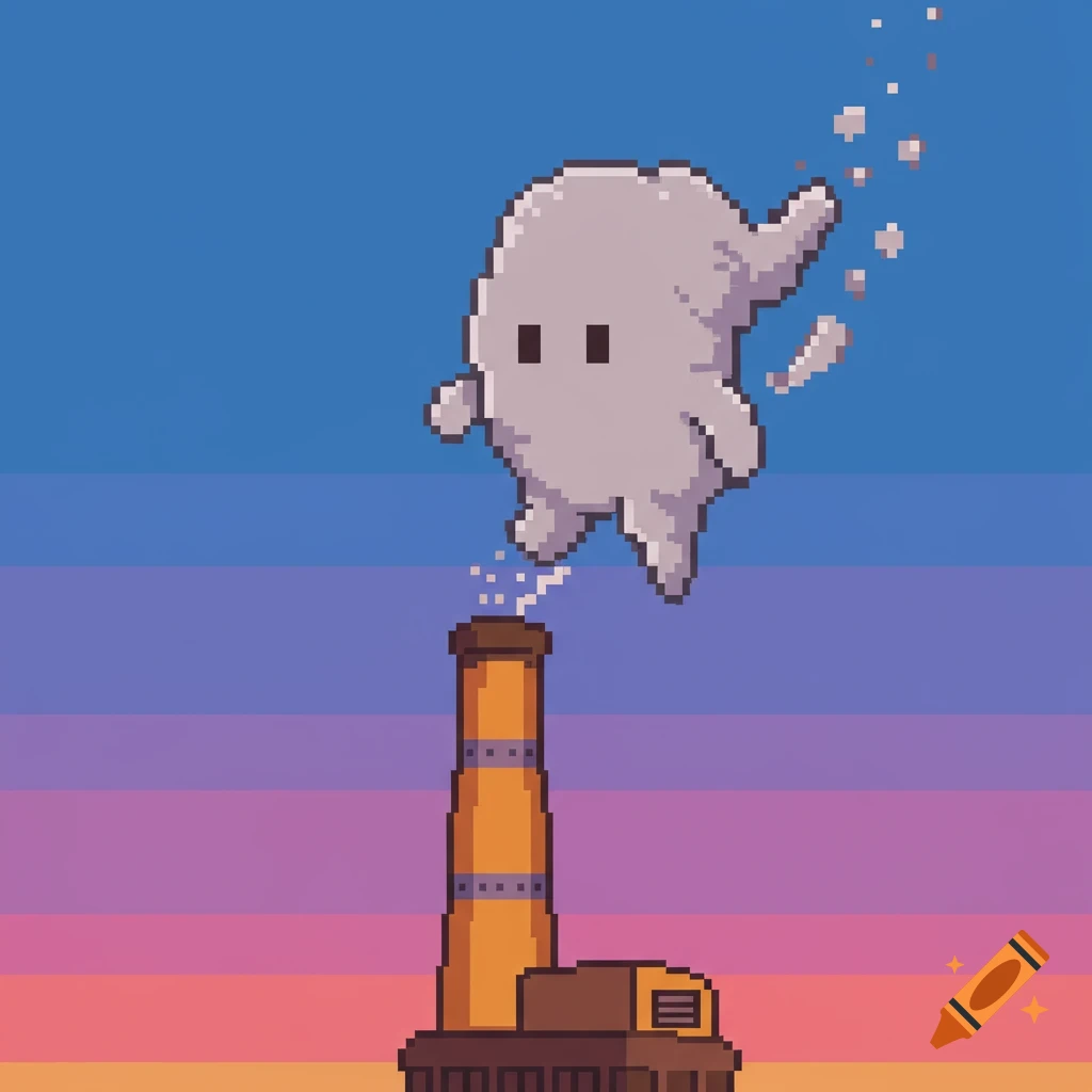 Pixel art of a grey, cloud-like retro game character emerging from a smokestack against a colorful sunset sky.