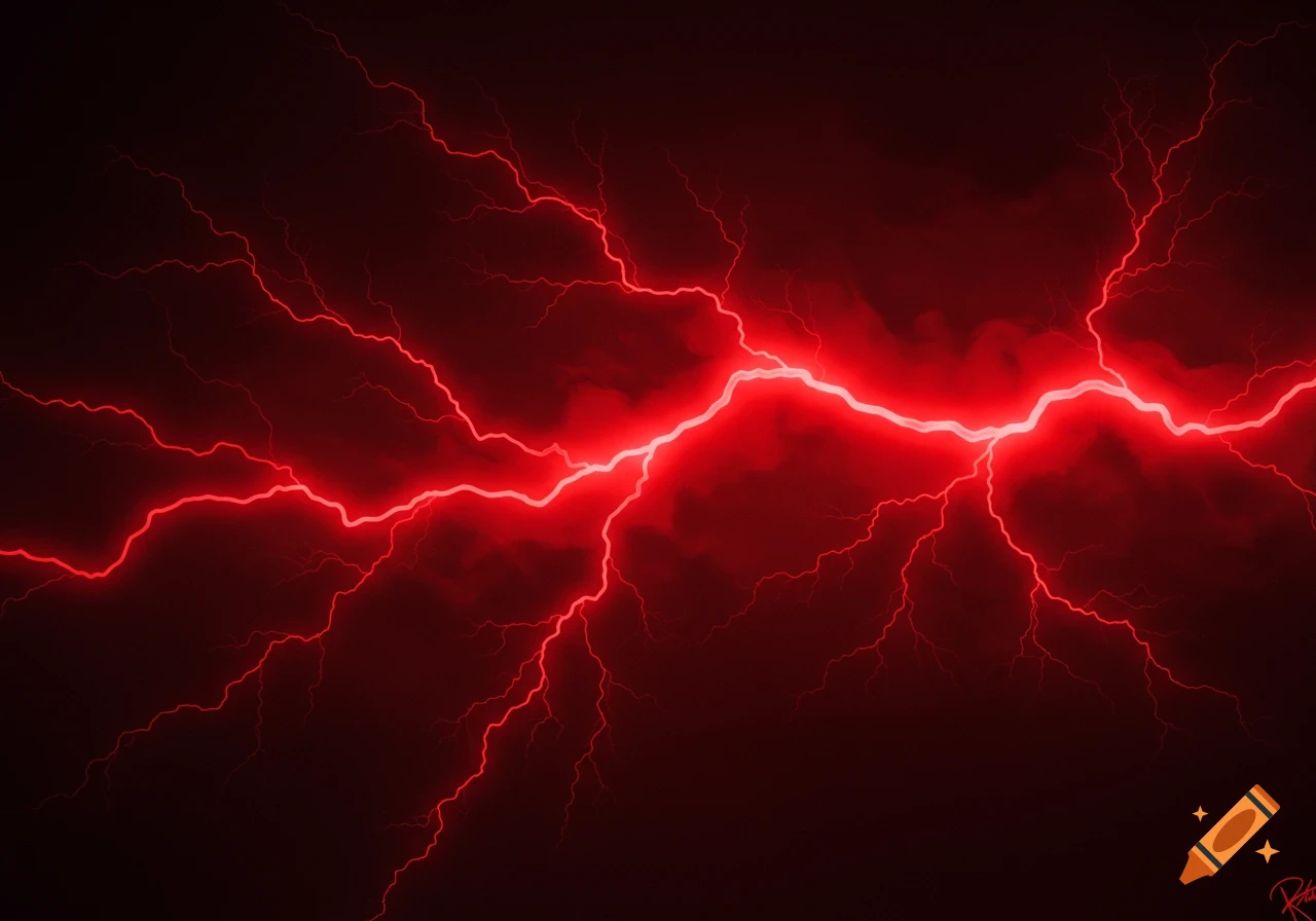 Bright red lightning bolts strike horizontally across a dark, ominous background.