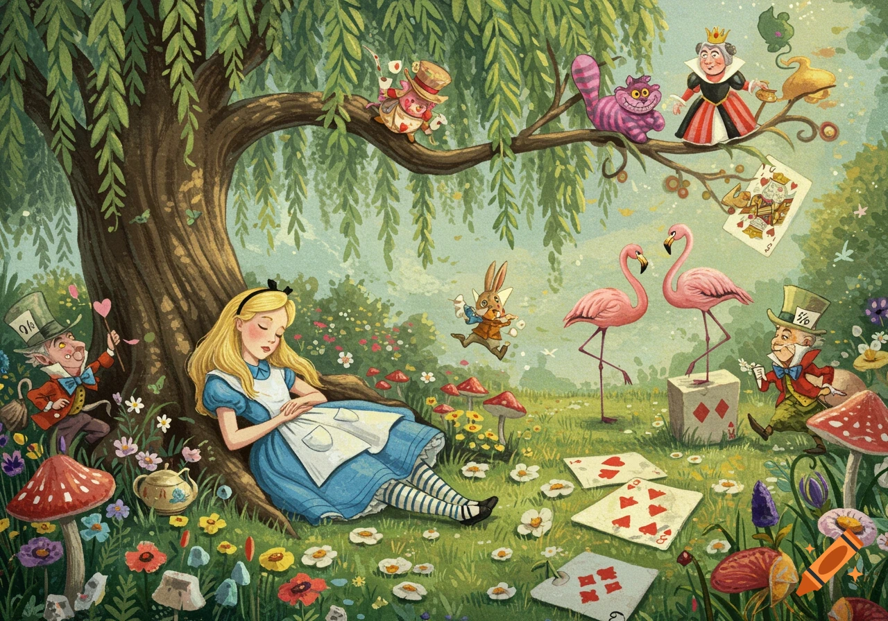 Alice sleeps under a willow tree in a whimsical Wonderland garden with the Mad Hatter, White Rabbit, Queen, Cheshire Cat, flamingos, and playing cards.
