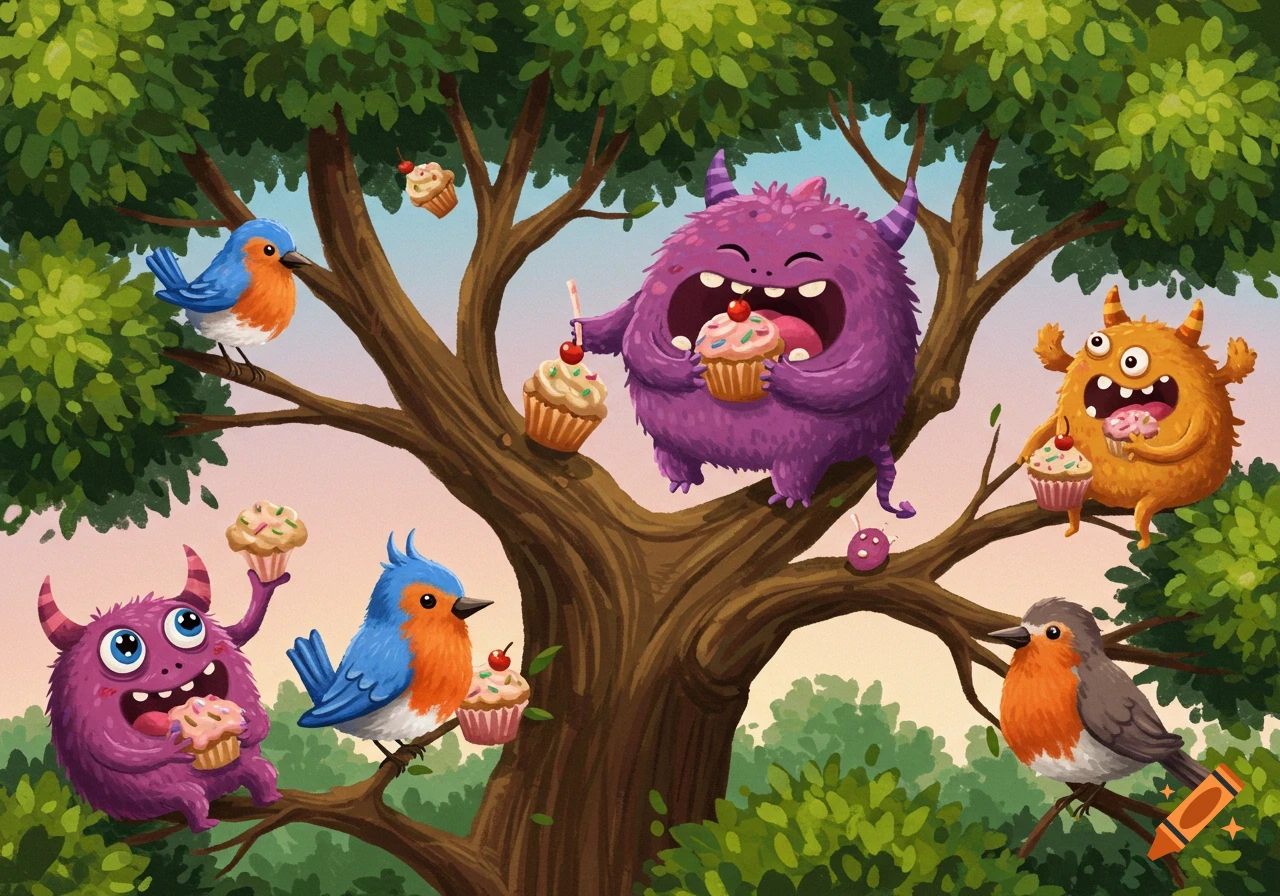 A colorful cartoon illustration of several cute furry monsters and blue birds eating cupcakes while perched in a large green tree.