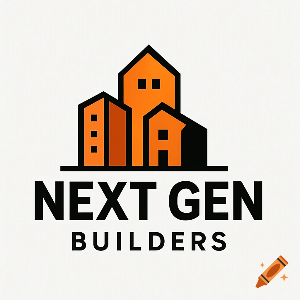 A modern logo for Next Gen Builders featuring stylized orange buildings above the company name.